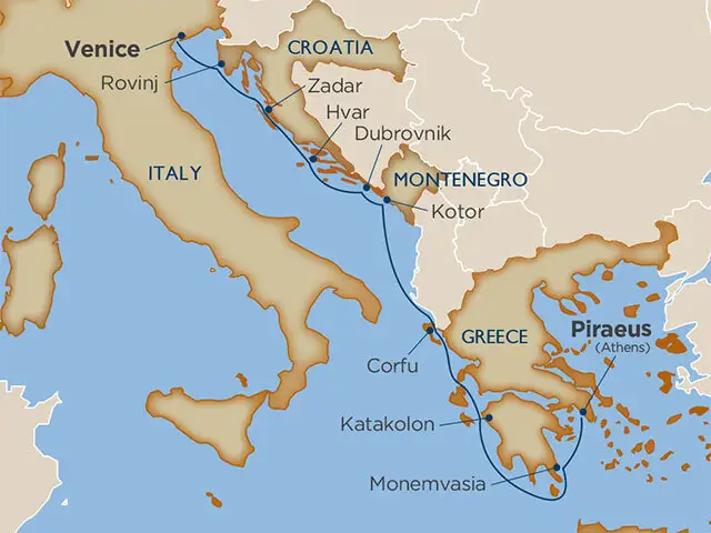 Route map for cruise from Venice to Athens